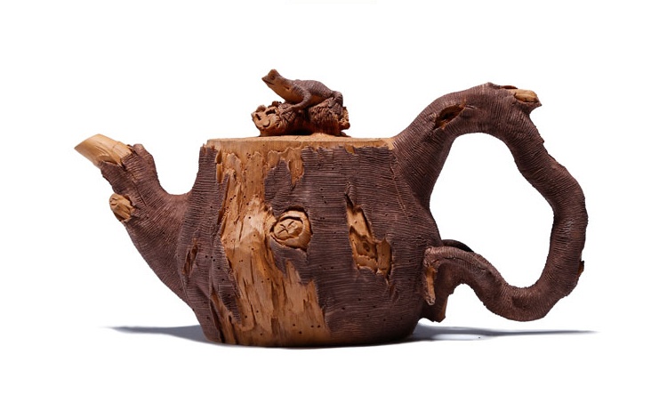 仿木外皮紫砂壺，創(chuàng)意木樁手工雕刻紫砂壺